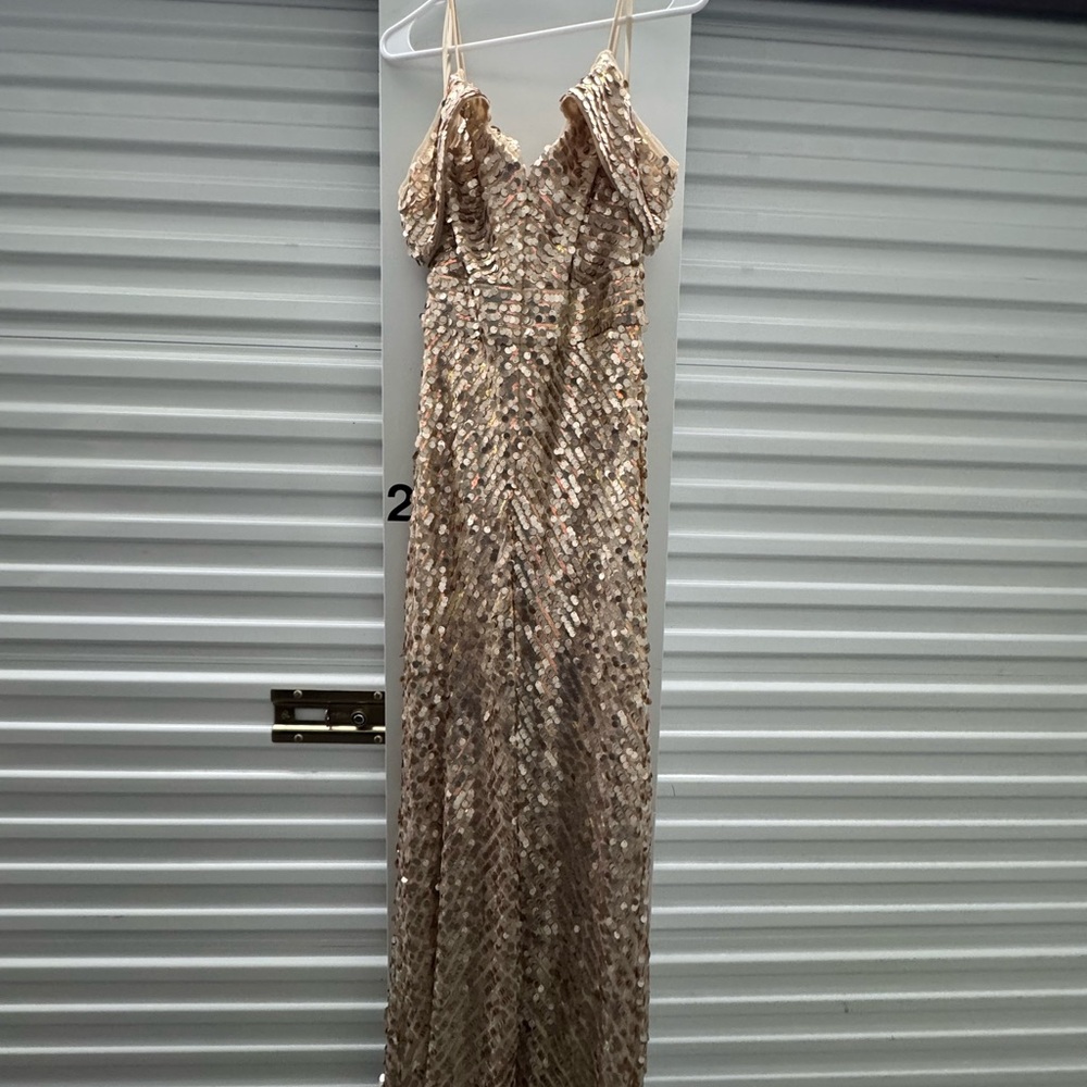 Cachet Champagne Sequin Evening Gown Size 6 | Off Shoulder Formal Dress - Picture 6 of 8